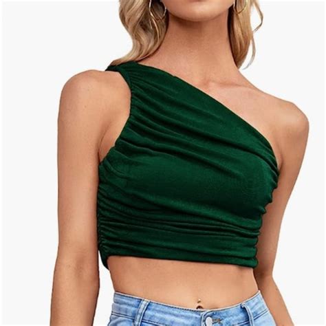 Lyaner Tops Lyaner Sexy Ruched One Shoulder Sleeveless Crop Top