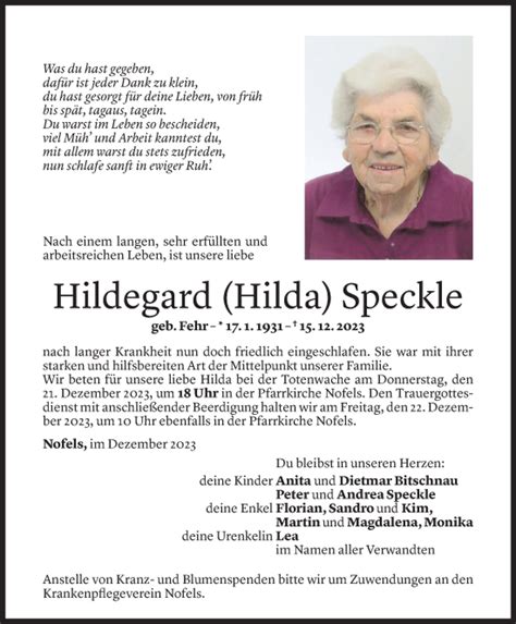 Todesanzeigen Von Hildegard Speckle Todesanzeigen Vorarlberger