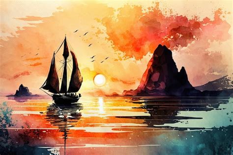 Premium Photo | Sailboat on ocean at sunset beautiful watercolor style