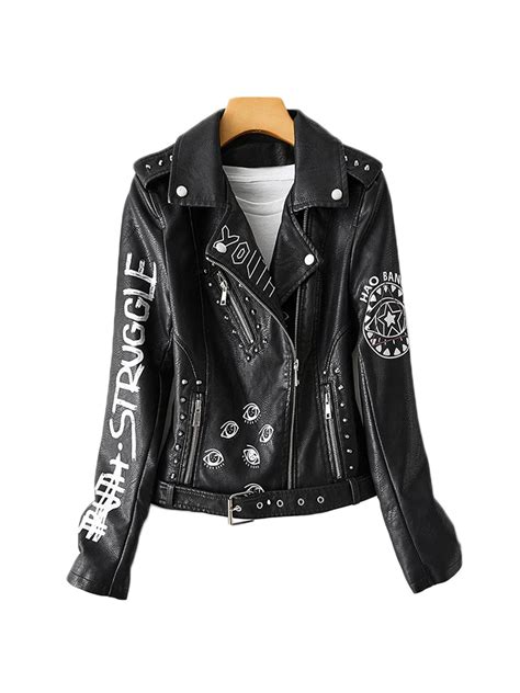 Ailegogo Spring Women Graffiti Print Pu Faux Leather Short Jacket