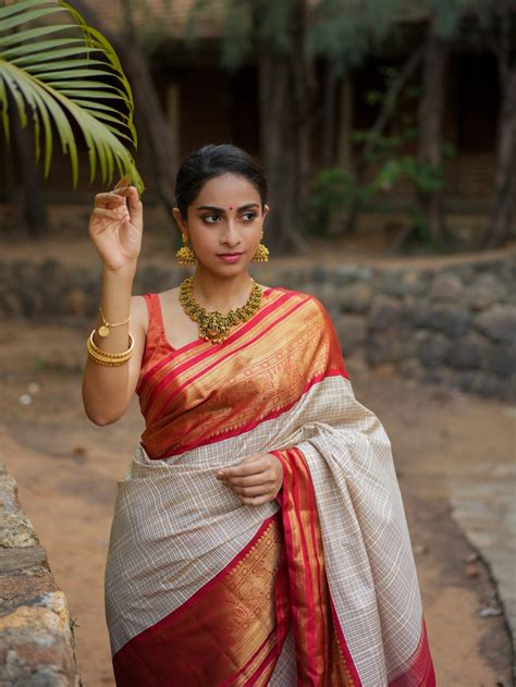 Checked Off White Kanjeevaram Silk Saree With Red Border Tulsi Weaves