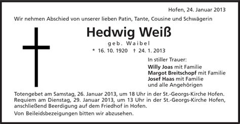 Traueranzeigen Von Hedwig Wei Ostalbtrauer