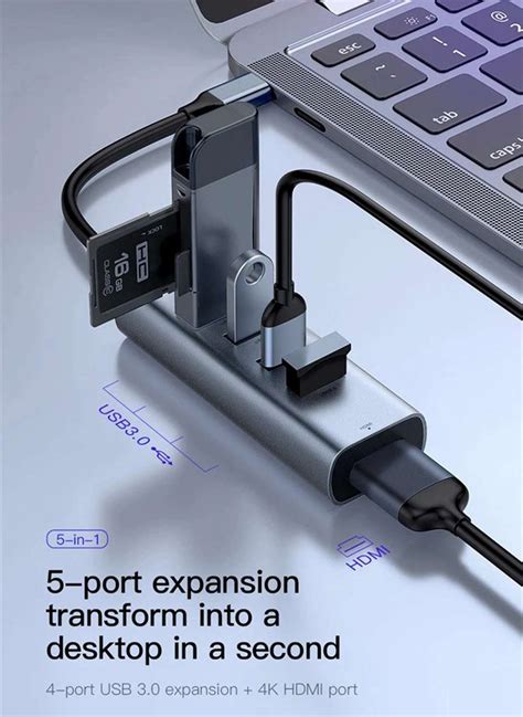 Baseus 5 In 1 Type C Hub Adapter For Smartphone Laptop Grey