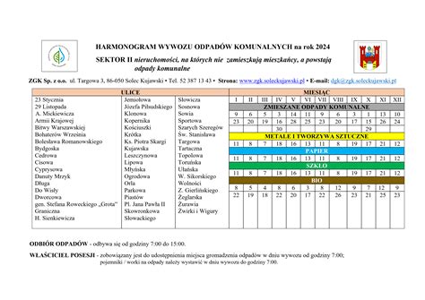 Harmonogramy odbioru odpadów 2024 Zakład Gospodarki Komunalnej