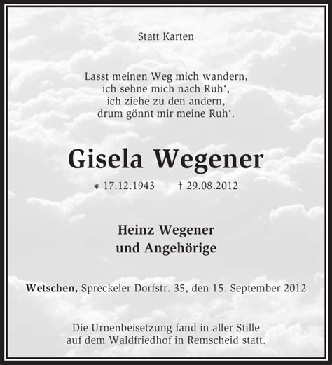 Traueranzeigen Von Gisela Wegener Trauer Kreiszeitung De