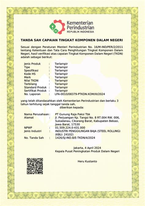 Certificate TKDN PT Gunung Raja Paksi Tbk