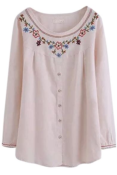 Scoop Neck Embroidery Long Sleeve Buttons Blouse