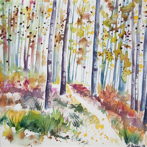 Watercolor Colorful Autumn Aspen Forest Impression Painting By