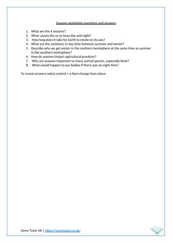 Seasons Ks3 Worksheet Questions And Answers Teaching Resources