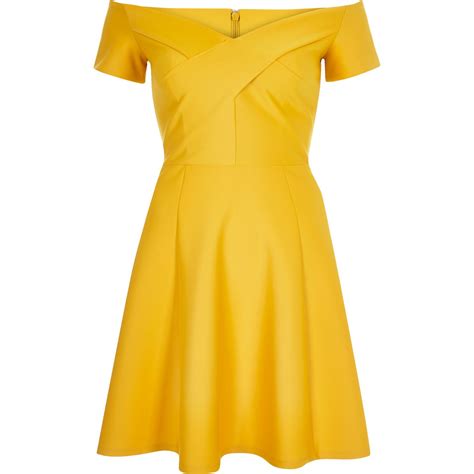 Lyst River Island Yellow Scuba Bardot Skater Dress In Yellow