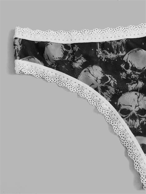 Romwe Goth Pack Skull Print Contrast Lace Panty Set Shein Uk