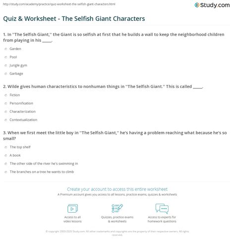 Quiz & Worksheet - The Selfish Giant Characters | Study.com