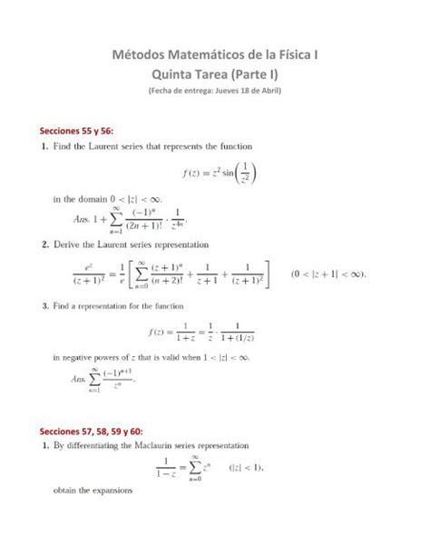 Métodos Matemáticos de la Física I Quinta Tarea Parte I