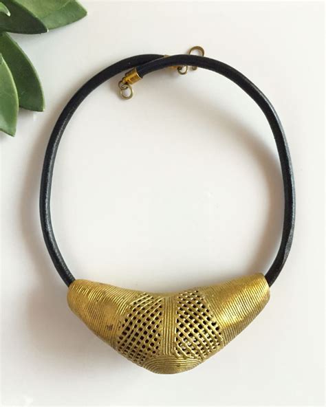 Africa Inspired Brass And Leather Choker Necklace