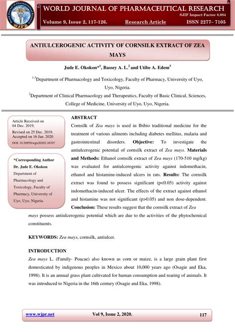 PDF ANTIULCEROGENIC ACTIVITY OF CORNSILK EXTRACT OF ZEA MAYS