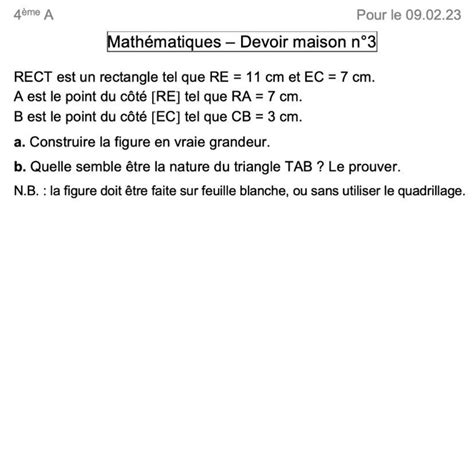 4ème A Pour Le 09 02 23 Mathématiques Devoir Maison N°3 Rect Est Un