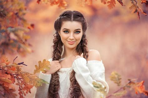 Wallpaper Brunette Women Outdoors Braids Blue Eyes Portrait Fall