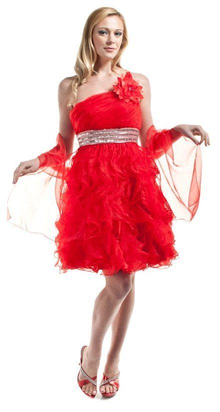 Short Red Babydoll Dress Organza One Shoulder Strap Beaded Waist 5999