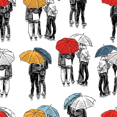 Vector Background Of Sketches Of People In The Rain Stock Vector