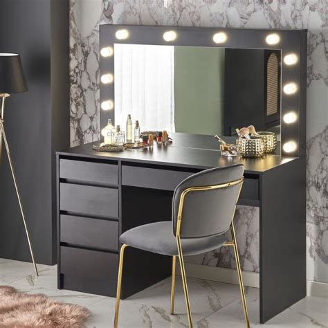 Coiffeuse noire 5 tiroirs 1 miroir central avec éclairage LED Bromo