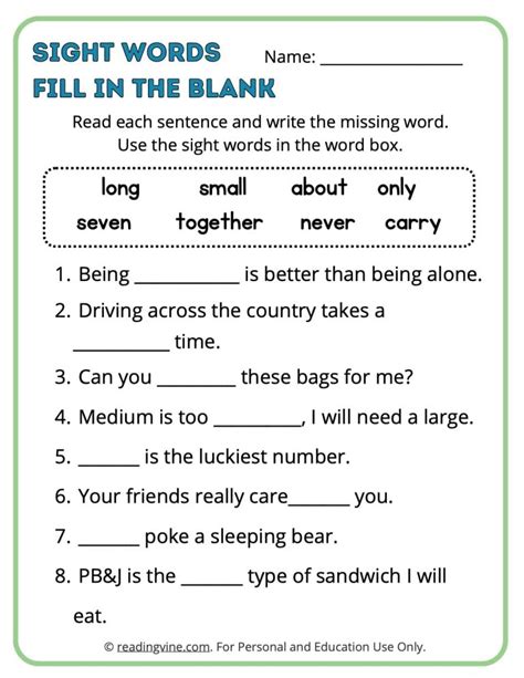 Rd Grade Fill In The Blank Sight Words Image Readingvine