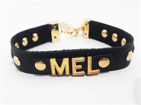 Coleira Choker Nome Personalizado Couro Legítimo Elo7