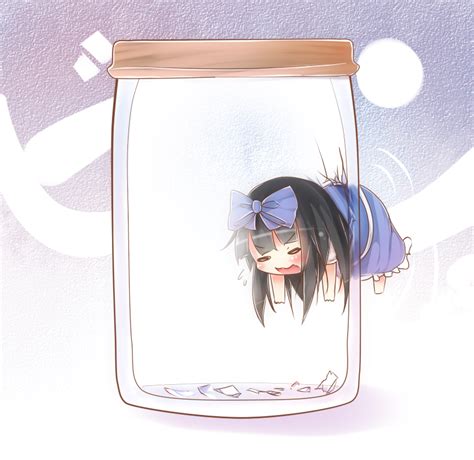 Safebooru 1girl Bikuseno Black Hair Blue Background Bottle Bow Broken