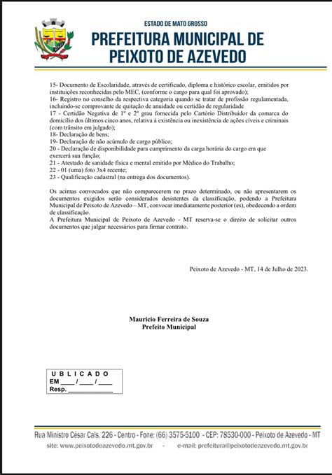 A Prefeitura Municipal De Peixoto De Azevedo Mt Convoca Os