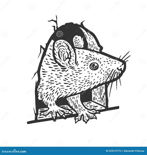 Rat Peeking Out Of Hole Sketch Raster Illustration Stock Illustration