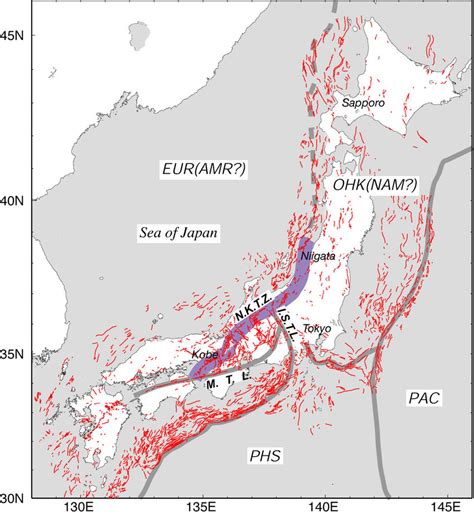 8: Tectonic map of Japan. Thin black lines denote active faults. Gray ...