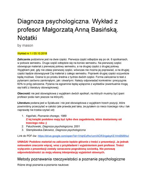 Diagnoza Psychologiczna notatki z wykładu 2018 Diagnoza