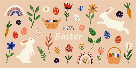 Vector Set Of Easter Elements Cute Easter Collection Rabbits Eggs