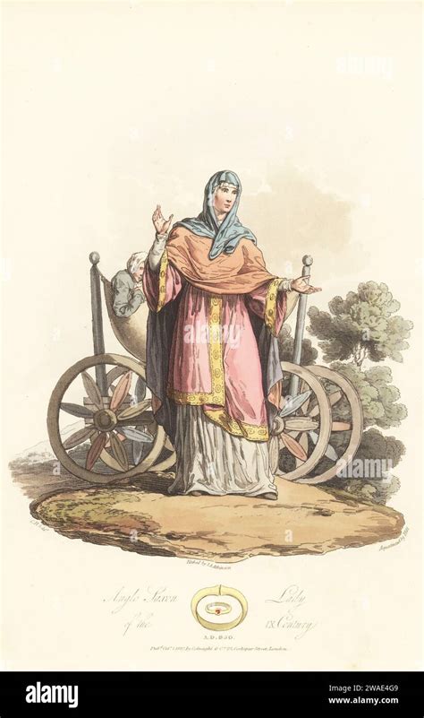 Anglo Saxon Woman Of The 9th Century Lady In Double Veil Mantle Embroidered Tunic And Long