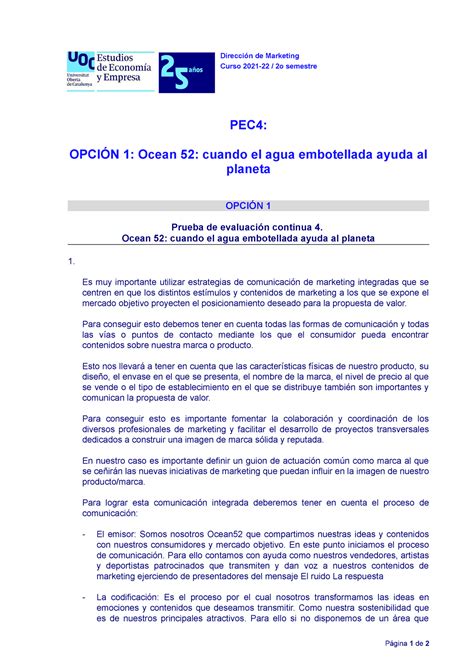 Pec Ocean Direcci N De Marketing Curso O Semestre Pec