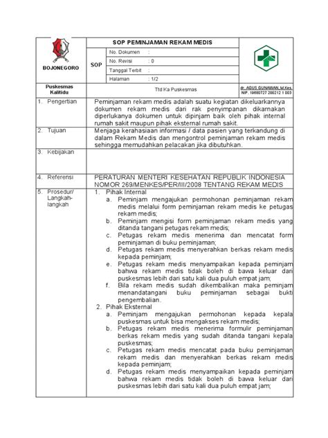 Sop Peminjaman Rekam Medis Pdf