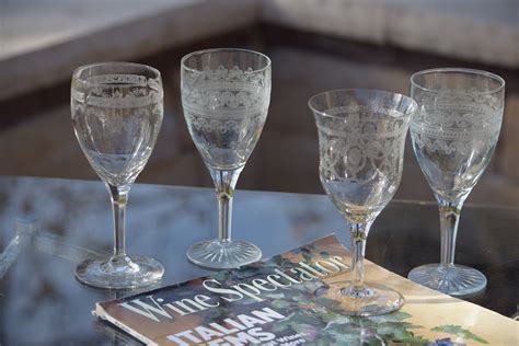 5 Antique Etched Wine Glasses Set Of 5 Mis Matched Needle Etched Wine Glasses C 1920 Wine