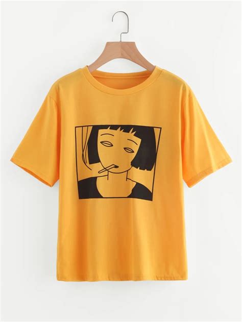 Pudo Xhm Korean Fashion Smoking Girl Grunge Aesthetic T Shirt Harajuku Cute Graphic Tee Gold