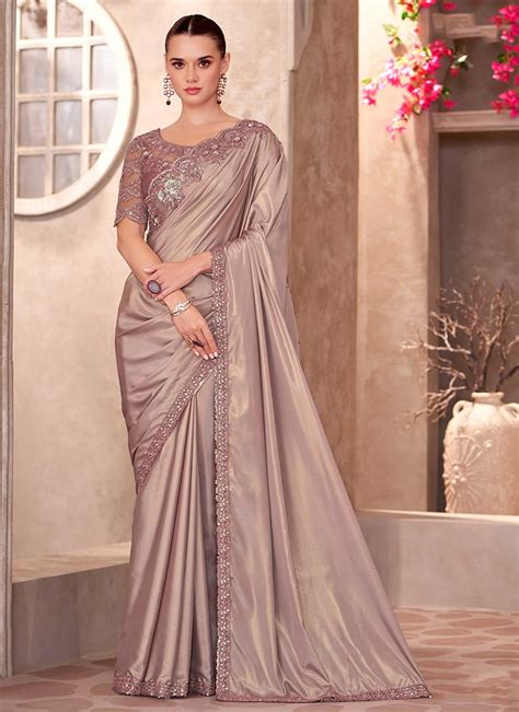 Buy Nude Satin Embroidered Sequins Cut Work Saree Festive Wear Online At Best Price Cbazaar