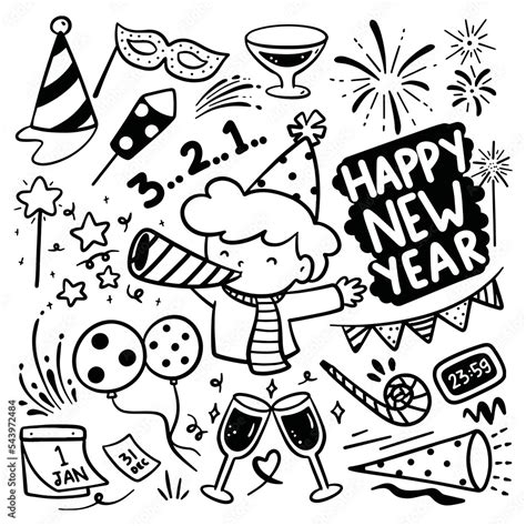 Cartoon New year party, sketchy hand drawn illustration Stock Vector ...