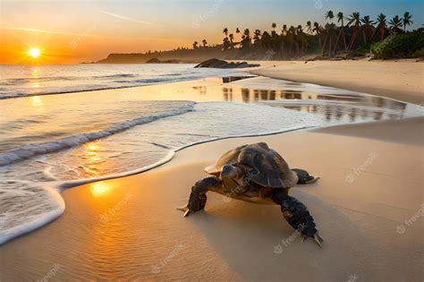 Premium Photo | A turtle on the beach at sunset