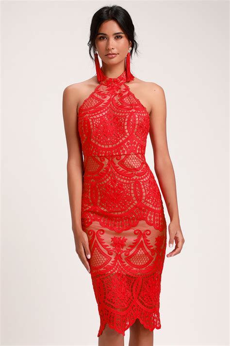 Lovely Red Dress Halter Dress Lace Dress Midi Dress Lulus