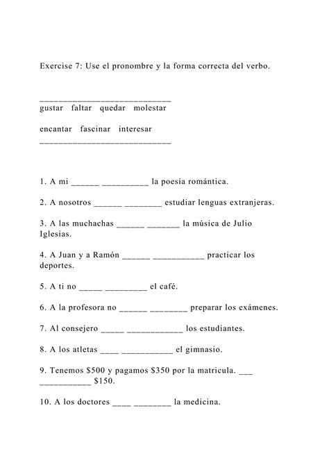 Exercise 7 Use El Pronombre Y La Forma Correcta Del Verbo Docx