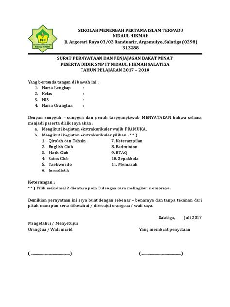 Contoh Surat Pernyataan Mengikuti Kegiatan Ekstrakurikuler Kumpulan Surat Penting