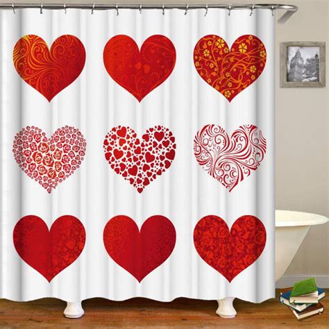 3d Valentines Day Shower Curtain Red Heart Printing Bathroom Decor