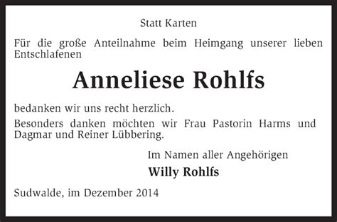 Traueranzeigen Von Anneliese Rohlfs Trauer Kreiszeitung De