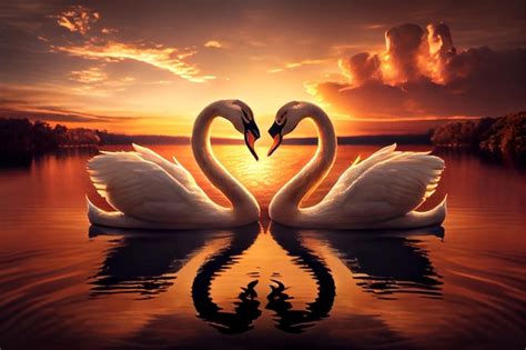 Premium Photo Two Swans Making A Heart Shape At Sunse Realistic