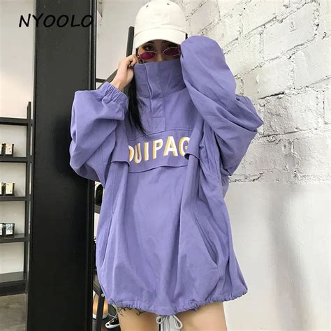 Nyoolo Autumn Harajuku Style Loose Letters Print Turtleneck Hoodies