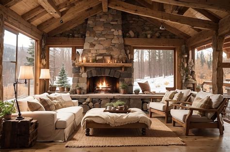 Premium Ai Image Rustic Charm Cozy Countryside Cabin Living Room