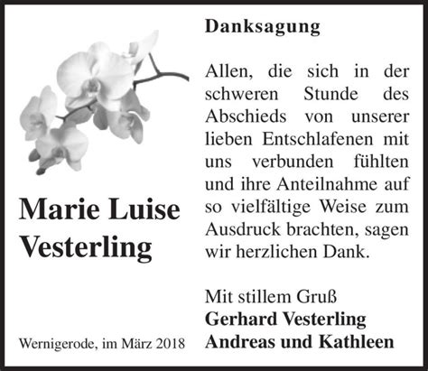 Traueranzeigen Von Marie Luise Vesterling Abschied Nehmen De