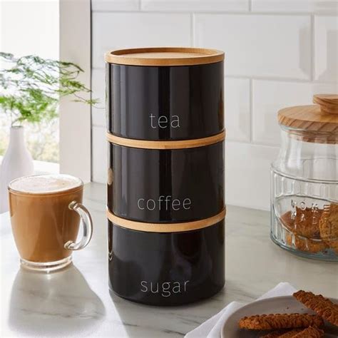 Set Of Metal Stacking Canisters Tea Coffee Sugar Stackable